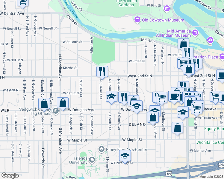 map of restaurants, bars, coffee shops, grocery stores, and more near 200 North Charles Street in Wichita