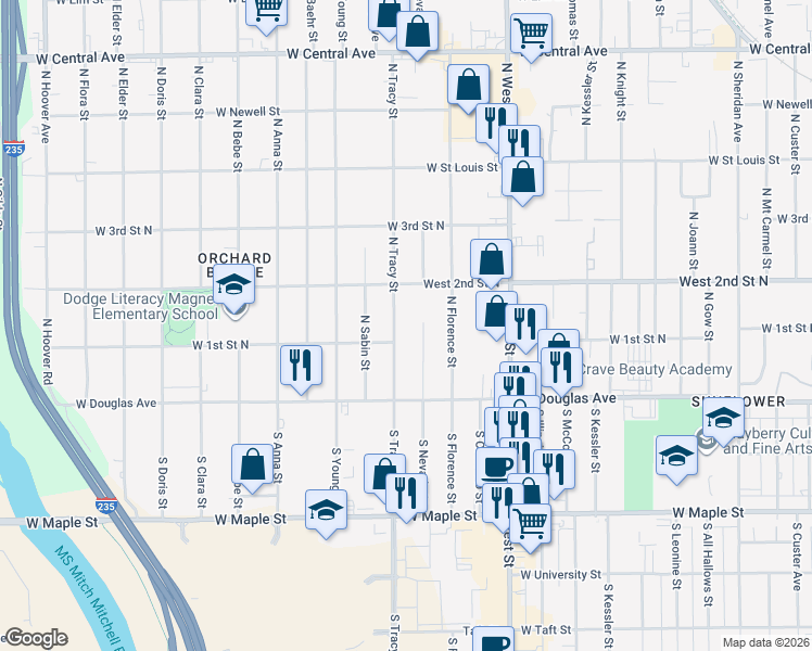 map of restaurants, bars, coffee shops, grocery stores, and more near 212 N Tracy St in Wichita