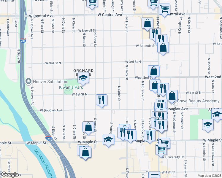 map of restaurants, bars, coffee shops, grocery stores, and more near 207 North Young Street in Wichita