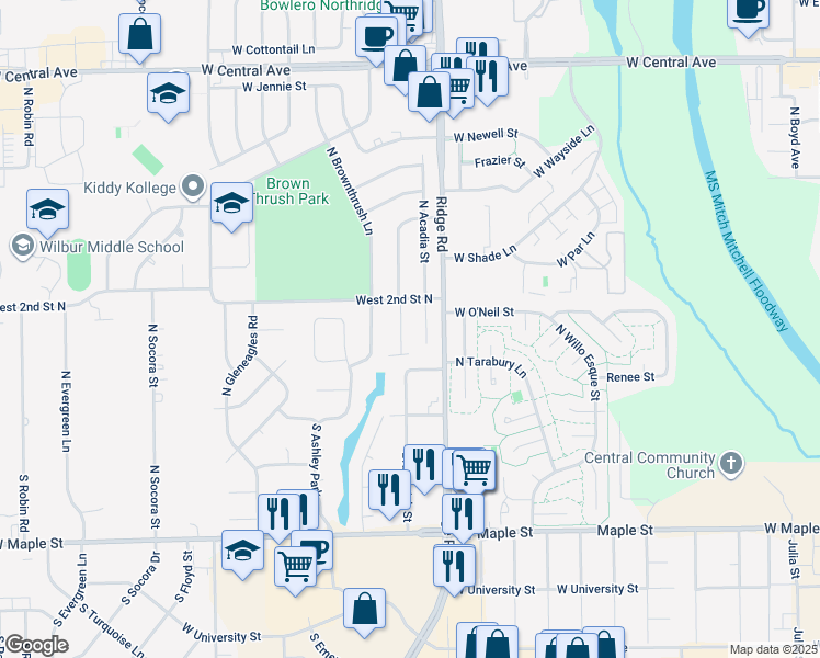 map of restaurants, bars, coffee shops, grocery stores, and more near 223 Brunswick Street in Wichita