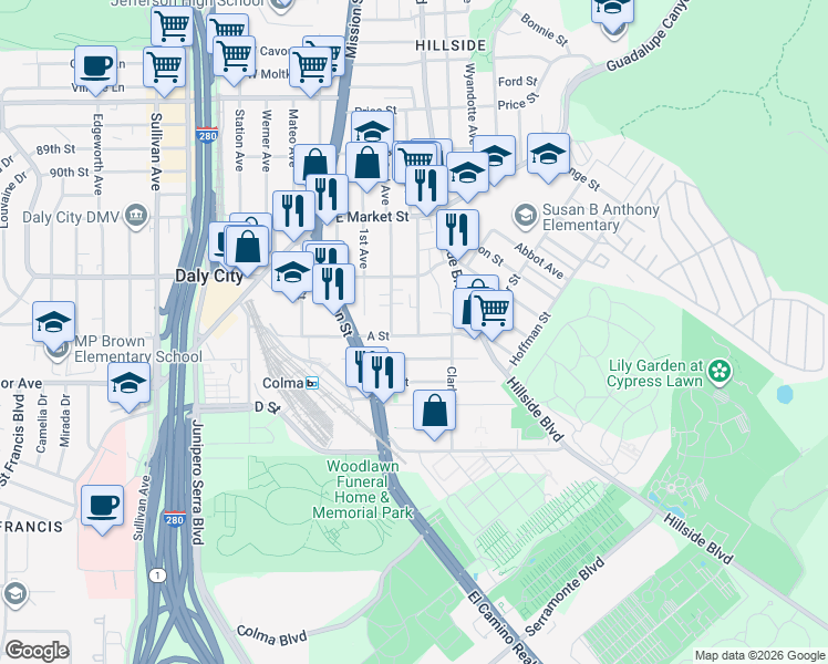 map of restaurants, bars, coffee shops, grocery stores, and more near 440 A Street in Colma