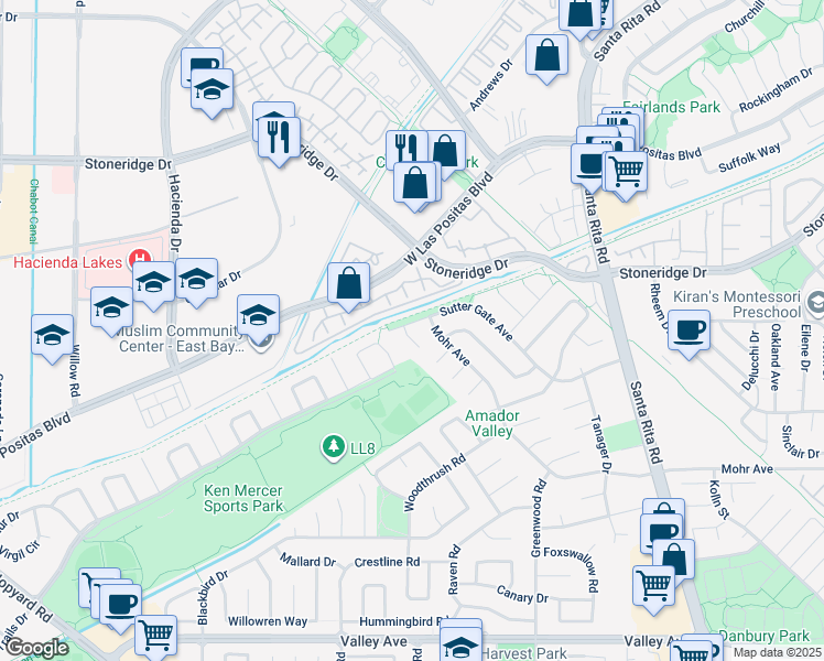 map of restaurants, bars, coffee shops, grocery stores, and more near 2802 Jones Gate Court in Pleasanton
