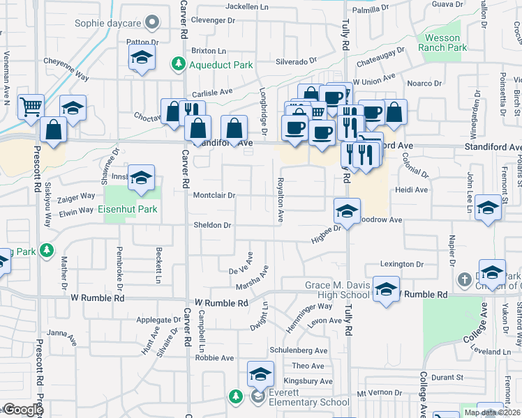 map of restaurants, bars, coffee shops, grocery stores, and more near 3304 Benton Circle in Modesto