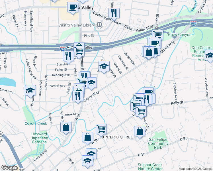 map of restaurants, bars, coffee shops, grocery stores, and more near 2525 Grove Way in Hayward