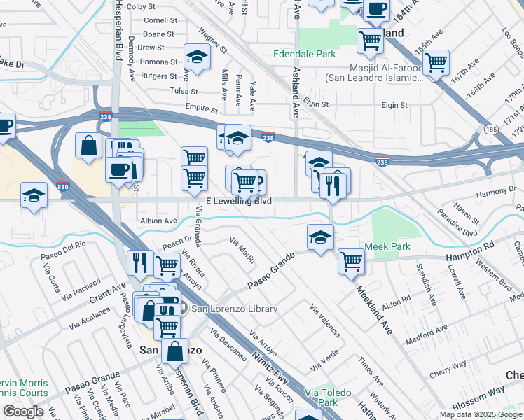 map of restaurants, bars, coffee shops, grocery stores, and more near 75 Lewelling Blvd in San Lorenzo