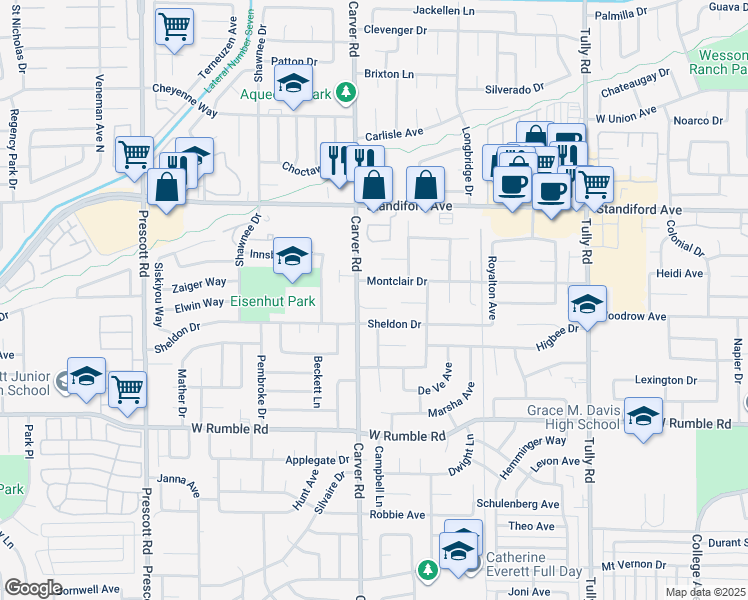 map of restaurants, bars, coffee shops, grocery stores, and more near 3242 Carver Road in Modesto