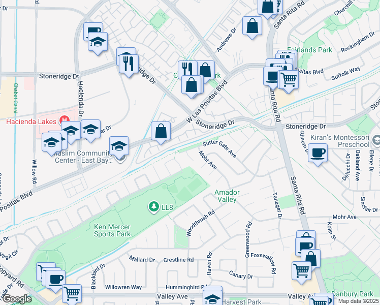 map of restaurants, bars, coffee shops, grocery stores, and more near 2802 Jones Gate Court in Pleasanton