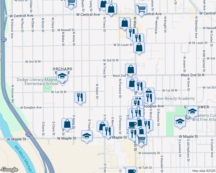 map of restaurants, bars, coffee shops, grocery stores, and more near 212 N Tracy St in Wichita