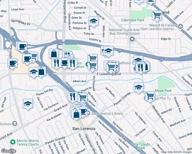 map of restaurants, bars, coffee shops, grocery stores, and more near 15604 Via Granada in San Lorenzo