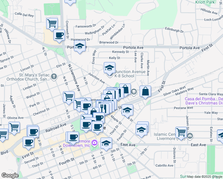 map of restaurants, bars, coffee shops, grocery stores, and more near 233 Junction Avenue in Livermore