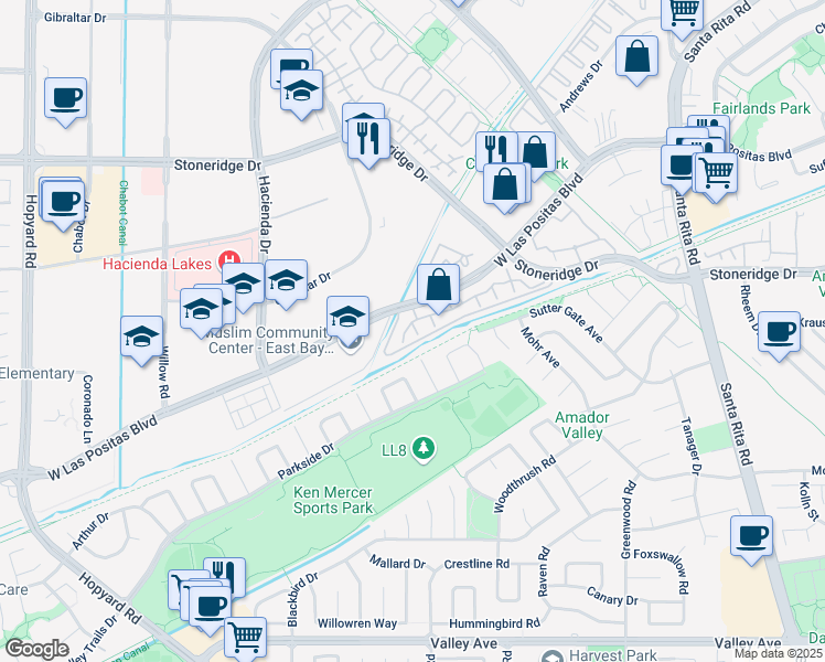 map of restaurants, bars, coffee shops, grocery stores, and more near 3102 Delicado Court in Pleasanton