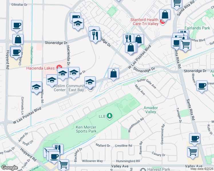 map of restaurants, bars, coffee shops, grocery stores, and more near 3102 Delicado Court in Pleasanton