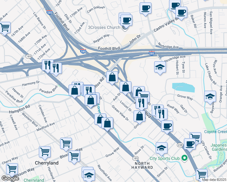 map of restaurants, bars, coffee shops, grocery stores, and more near 20938 Locust Street in Hayward