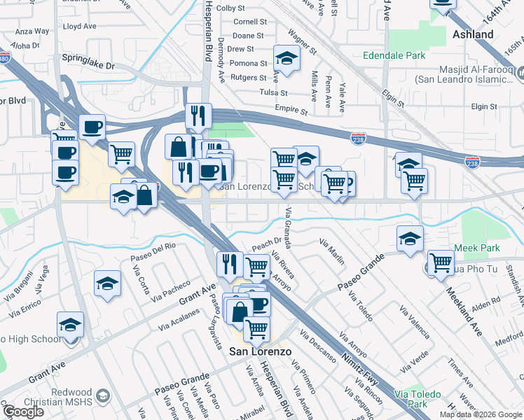 map of restaurants, bars, coffee shops, grocery stores, and more near 15609 Ronda Street in San Lorenzo