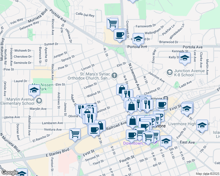 map of restaurants, bars, coffee shops, grocery stores, and more near Walnut Street & North M Street in Livermore