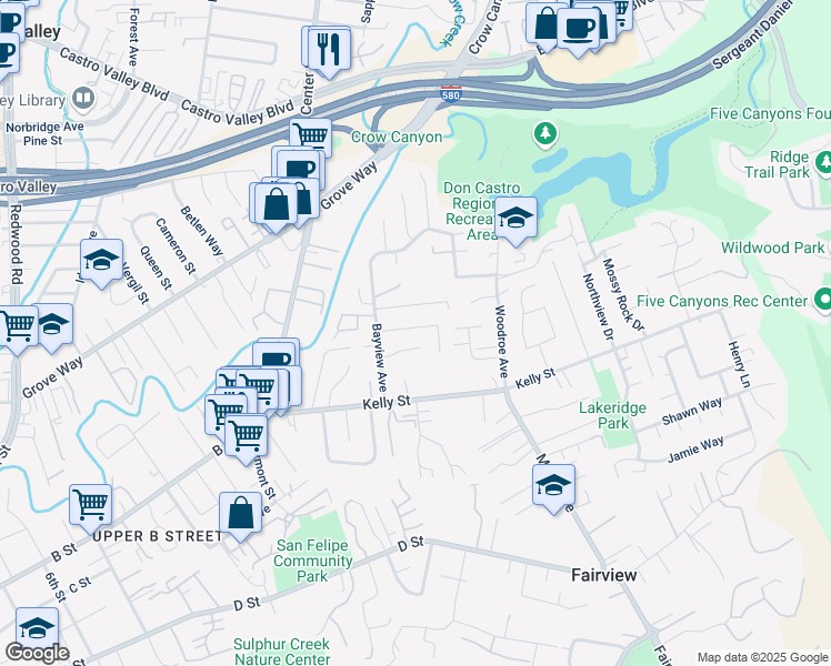 map of restaurants, bars, coffee shops, grocery stores, and more near 2551 Hermosa Terrace in Hayward