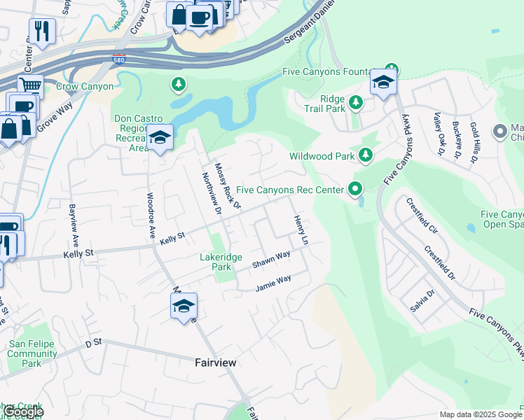 map of restaurants, bars, coffee shops, grocery stores, and more near 23020 Eddy Street in Hayward