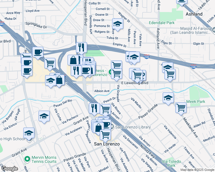 map of restaurants, bars, coffee shops, grocery stores, and more near 15630 Tracy Street in San Lorenzo