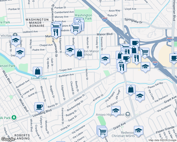 map of restaurants, bars, coffee shops, grocery stores, and more near 987 Burkhart Avenue in San Leandro