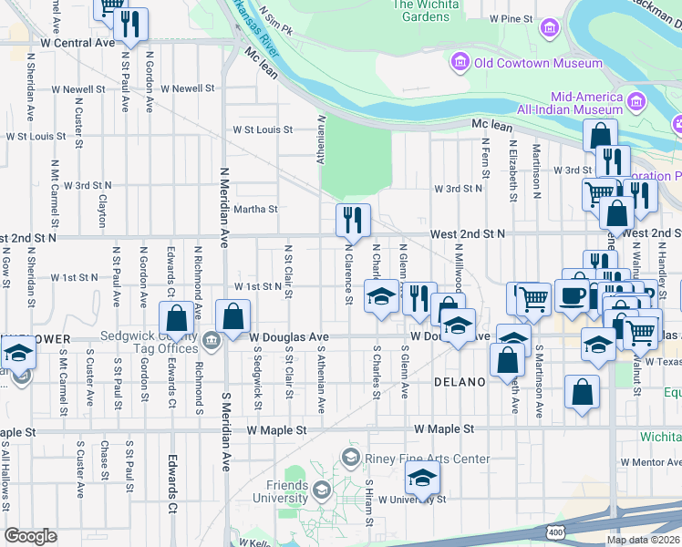 map of restaurants, bars, coffee shops, grocery stores, and more near 211 North Clarence Street in Wichita