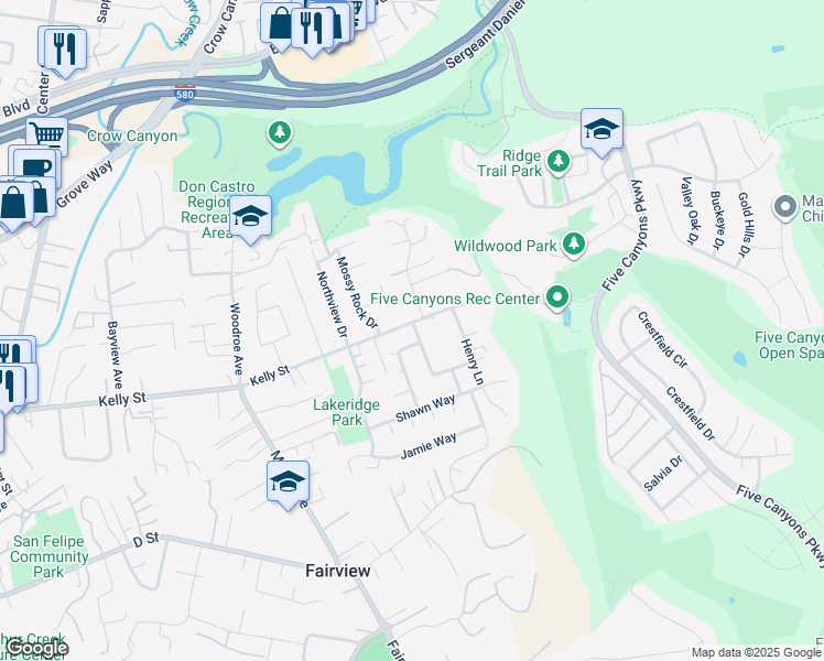 map of restaurants, bars, coffee shops, grocery stores, and more near 3287 Kelly Street in Hayward