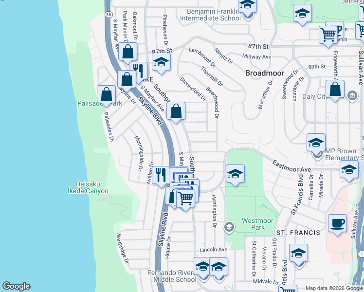 map of restaurants, bars, coffee shops, grocery stores, and more near 1386 South Mayfair Avenue in Daly City