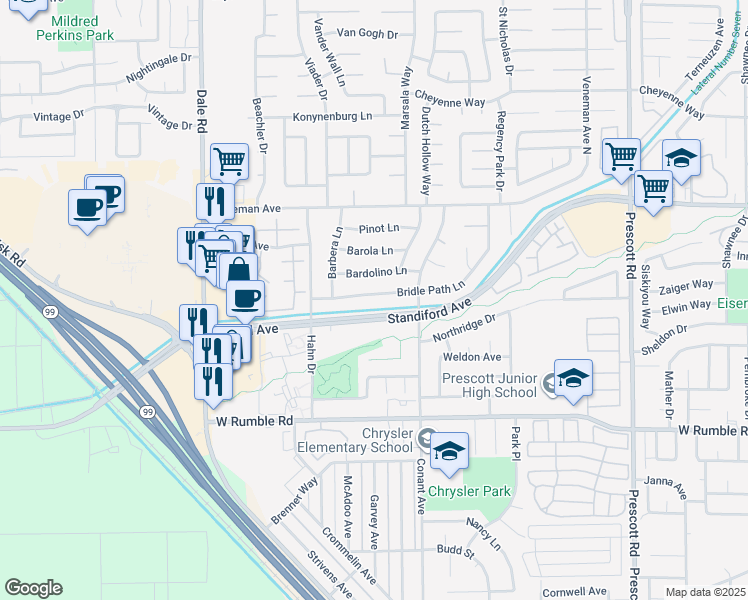 map of restaurants, bars, coffee shops, grocery stores, and more near 2600 Bridle Path Lane in Modesto