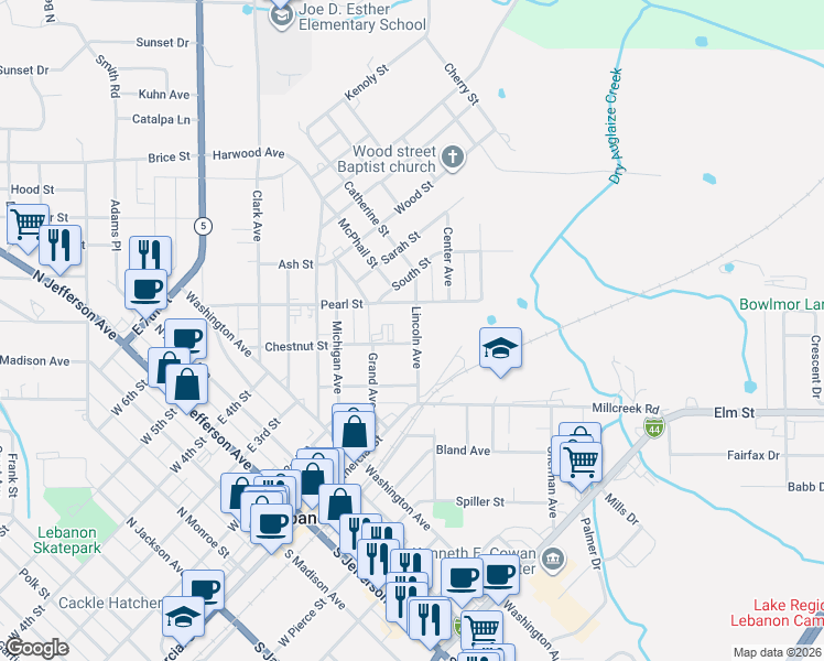 map of restaurants, bars, coffee shops, grocery stores, and more near 595 Chestnut Street in Lebanon