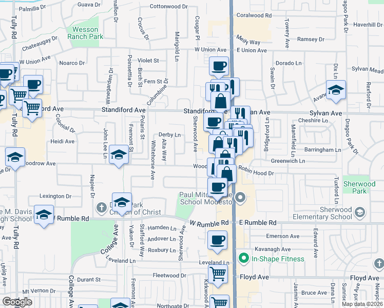 map of restaurants, bars, coffee shops, grocery stores, and more near 3305 Sherwood Avenue in Modesto