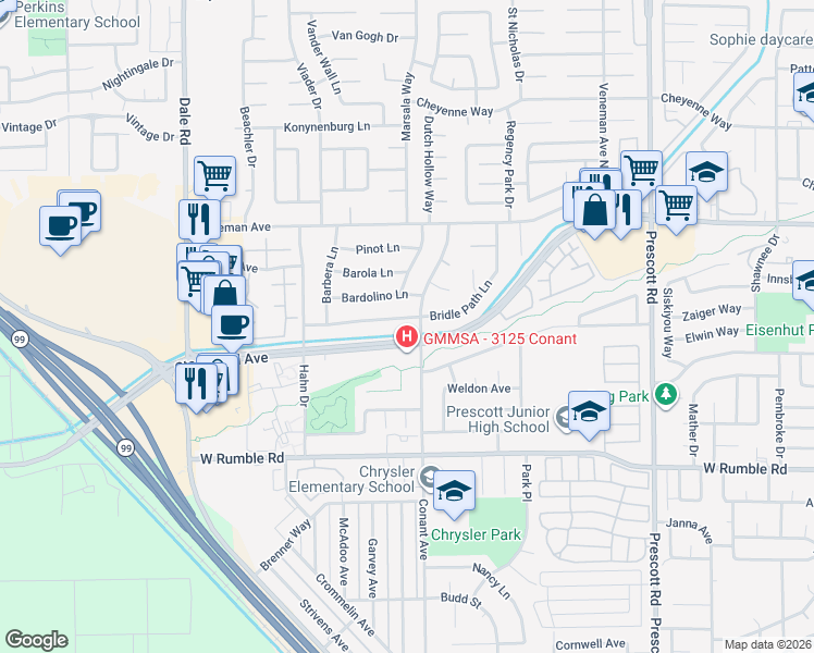 map of restaurants, bars, coffee shops, grocery stores, and more near in Modesto