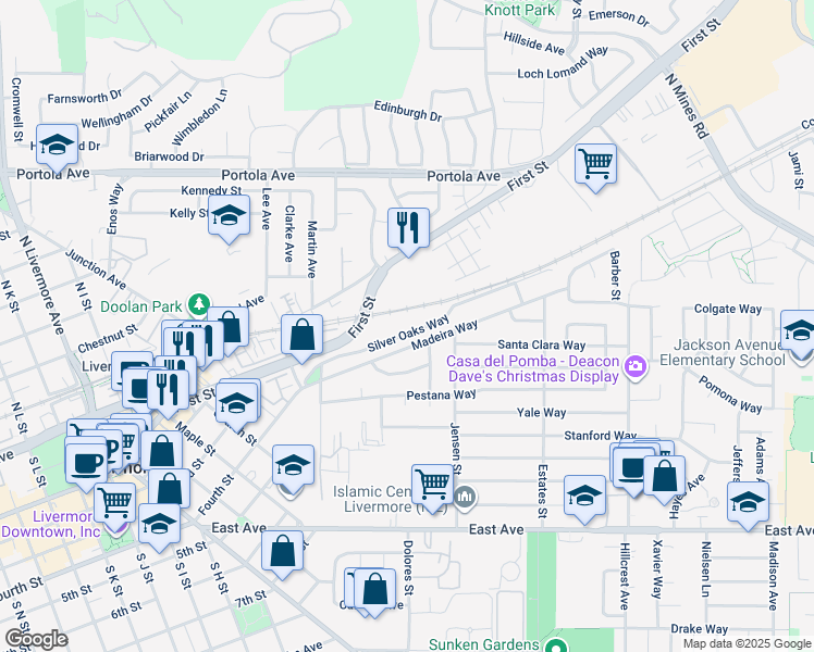 map of restaurants, bars, coffee shops, grocery stores, and more near 3690 Madeira Way in Livermore