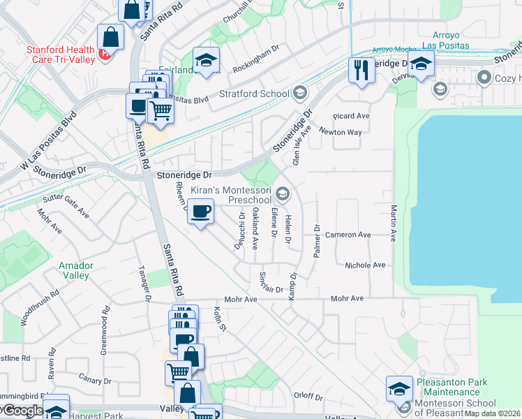 map of restaurants, bars, coffee shops, grocery stores, and more near 4043 Sutherland Court in Pleasanton