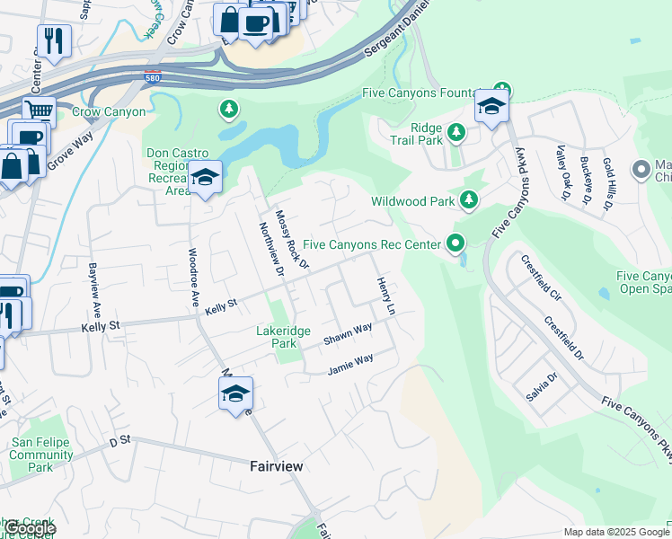 map of restaurants, bars, coffee shops, grocery stores, and more near 23020 Eddy Street in Hayward
