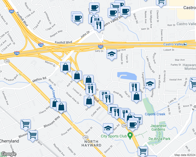map of restaurants, bars, coffee shops, grocery stores, and more near 21314 Gary Drive in Hayward
