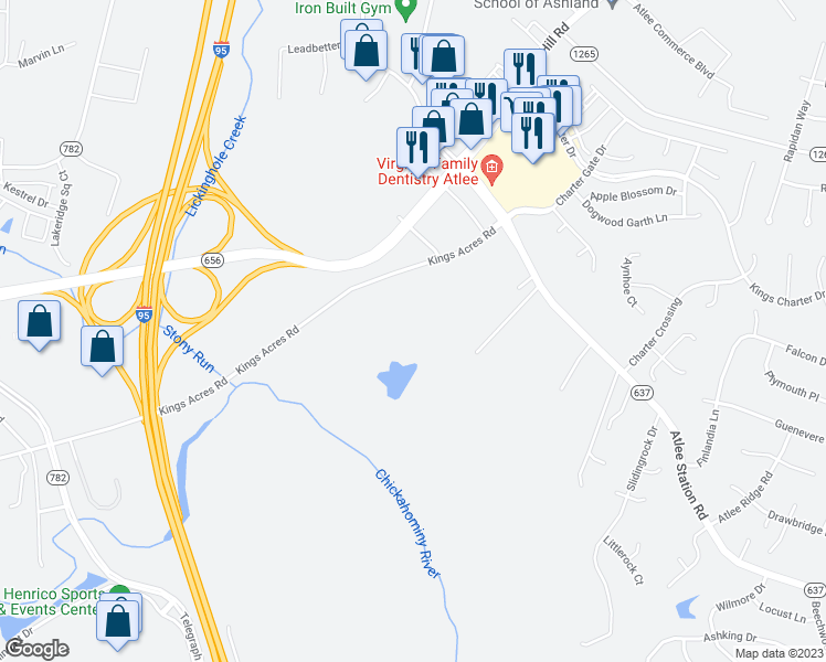 map of restaurants, bars, coffee shops, grocery stores, and more near 10427 Atlee Station Road in Mechanicsville