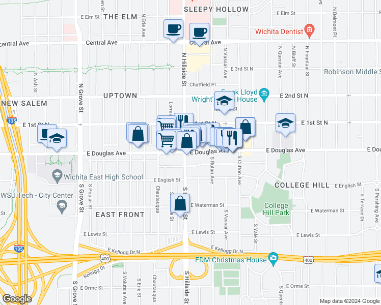 map of restaurants, bars, coffee shops, grocery stores, and more near 110 South Hillside Street in Wichita