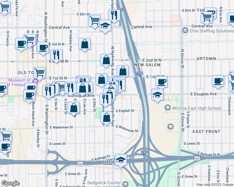 map of restaurants, bars, coffee shops, grocery stores, and more near 106 South Hydraulic Avenue in Wichita