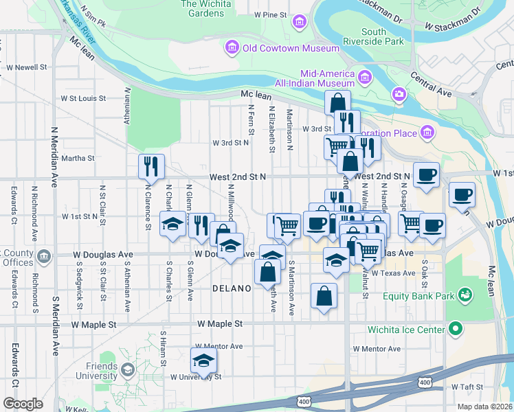 map of restaurants, bars, coffee shops, grocery stores, and more near 1501-1599 W 1st Street North in Wichita