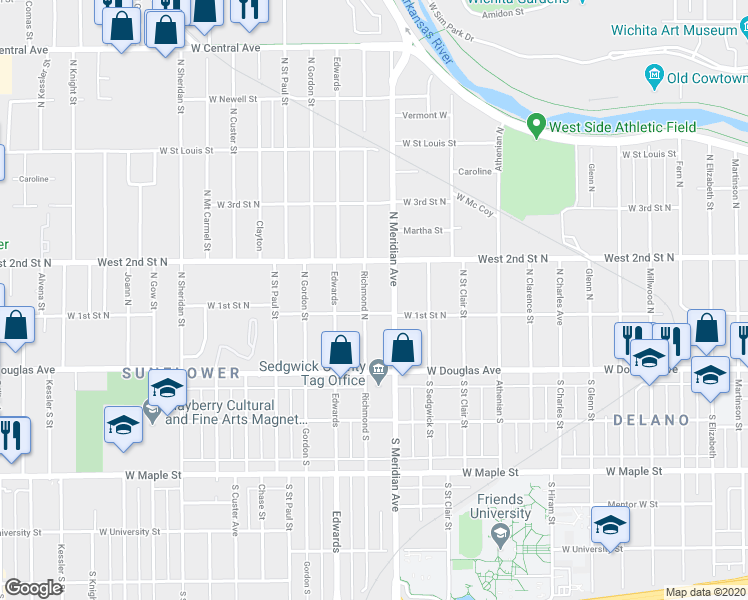 map of restaurants, bars, coffee shops, grocery stores, and more near 204 Richmond North in Wichita
