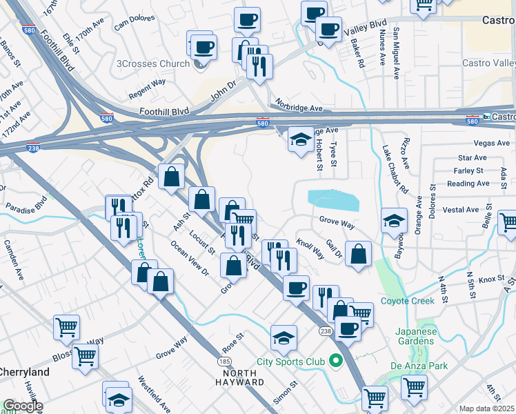 map of restaurants, bars, coffee shops, grocery stores, and more near 21314 Gary Drive in Hayward