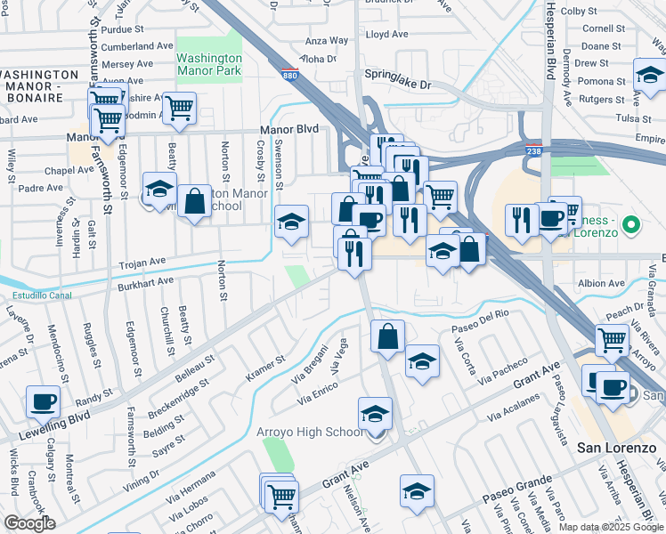 map of restaurants, bars, coffee shops, grocery stores, and more near 7475 Lewelling Boulevard in San Leandro