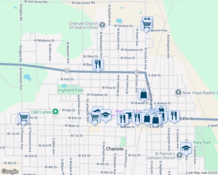 map of restaurants, bars, coffee shops, grocery stores, and more near 400 West Pine Street in Chanute
