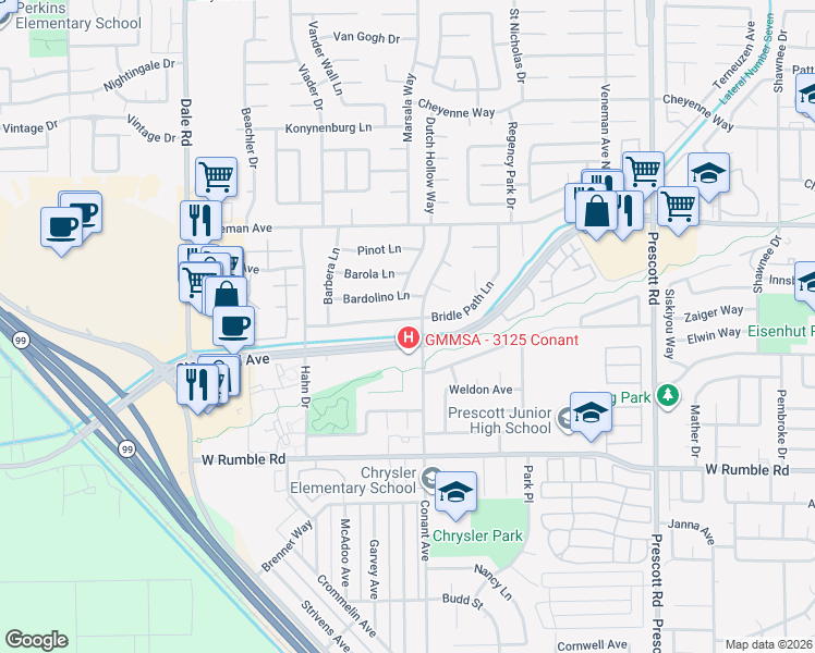 map of restaurants, bars, coffee shops, grocery stores, and more near in Modesto
