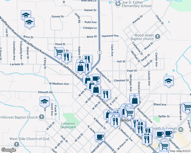 map of restaurants, bars, coffee shops, grocery stores, and more near 261 East 6th Street in Lebanon