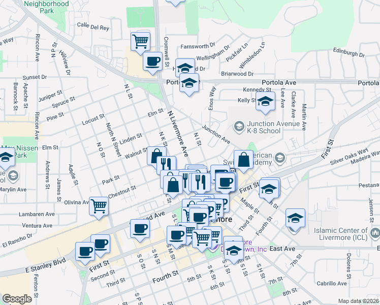 map of restaurants, bars, coffee shops, grocery stores, and more near 352 North Livermore Avenue in Livermore