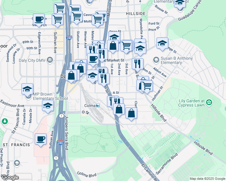 map of restaurants, bars, coffee shops, grocery stores, and more near 415 A Street in Daly City