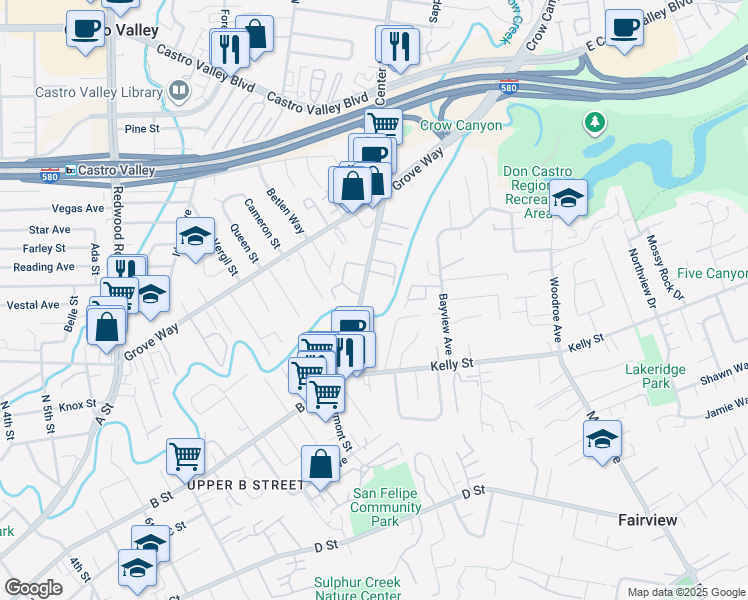 map of restaurants, bars, coffee shops, grocery stores, and more near 22432 Center Street in Castro Valley