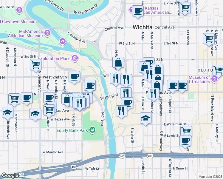 map of restaurants, bars, coffee shops, grocery stores, and more near 400 West Douglas Avenue in Wichita