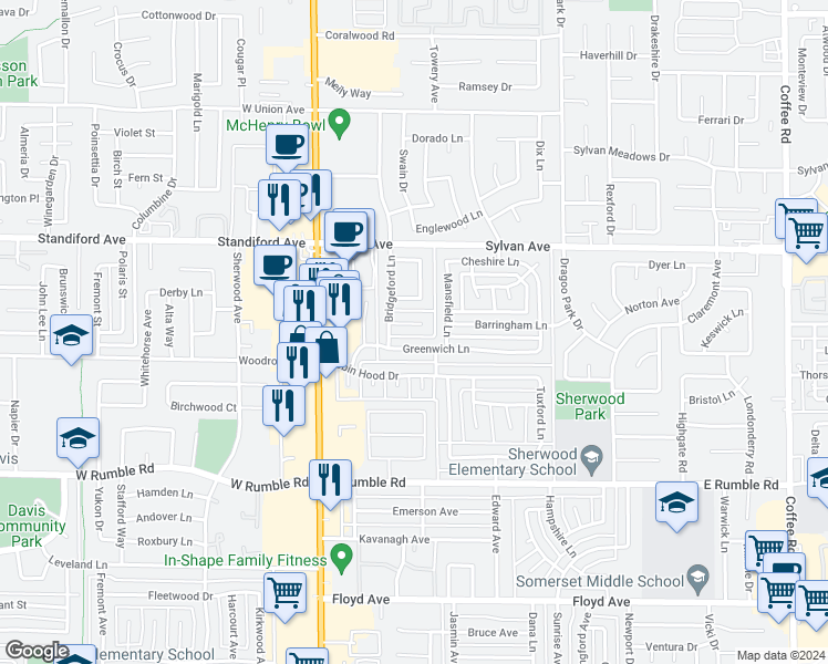 map of restaurants, bars, coffee shops, grocery stores, and more near 308 Harrow Court in Modesto