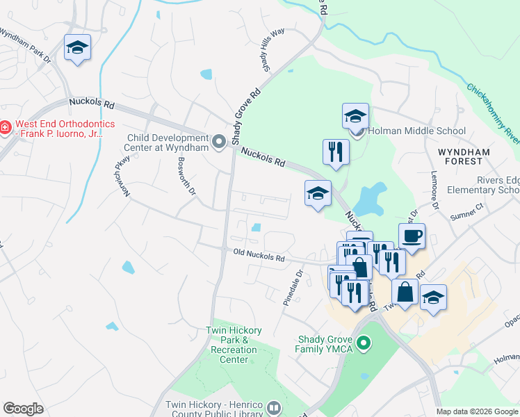 map of restaurants, bars, coffee shops, grocery stores, and more near 10508 Bishops Gate Drive in Glen Allen